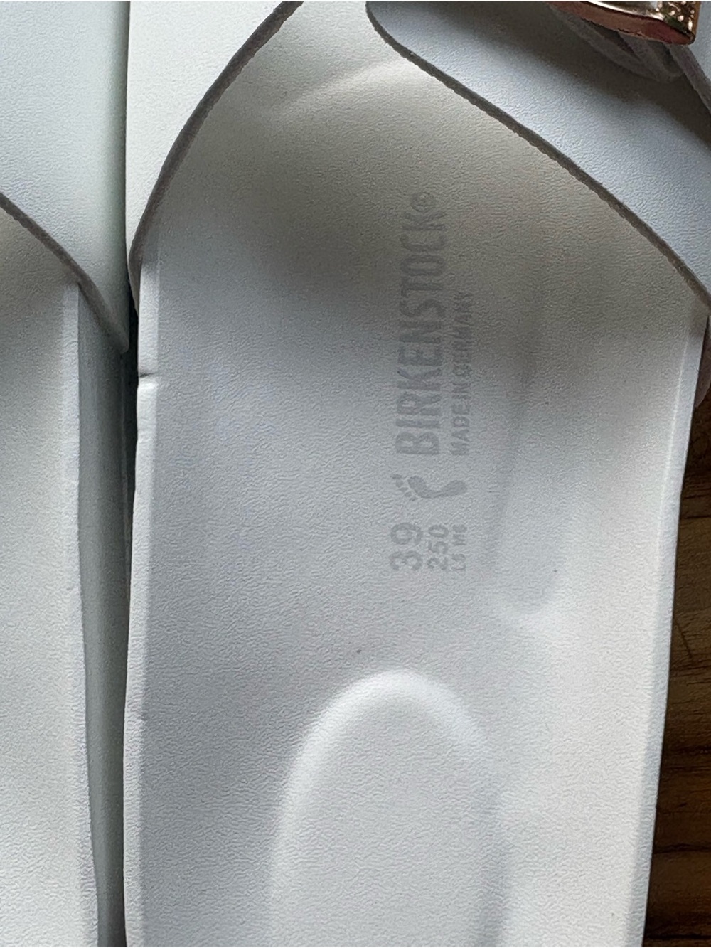 White Birkenstock Madrid Big Buckle EVA sandals with gold-toned buckles. - Picture 5 of 9